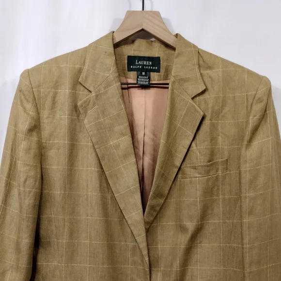 Vintage Lauren Ralph Lauren 100% Linen Blazer Men 16 Tan Office Career Retro 90s